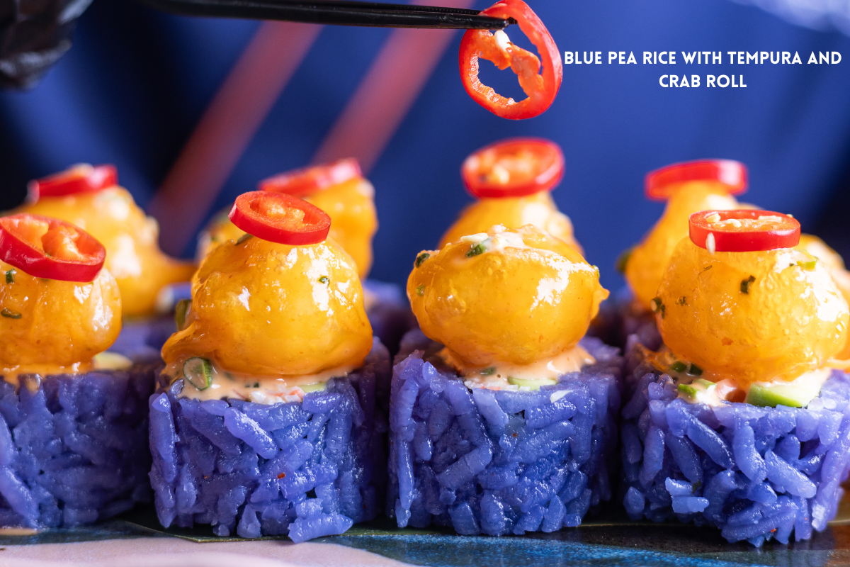 Blue Pea Rice with Tempura and Crab Roll